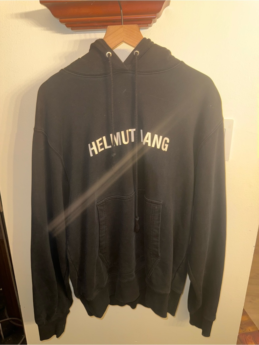 Helmut Lang Black Pullover Hoodie with White Arc Logo